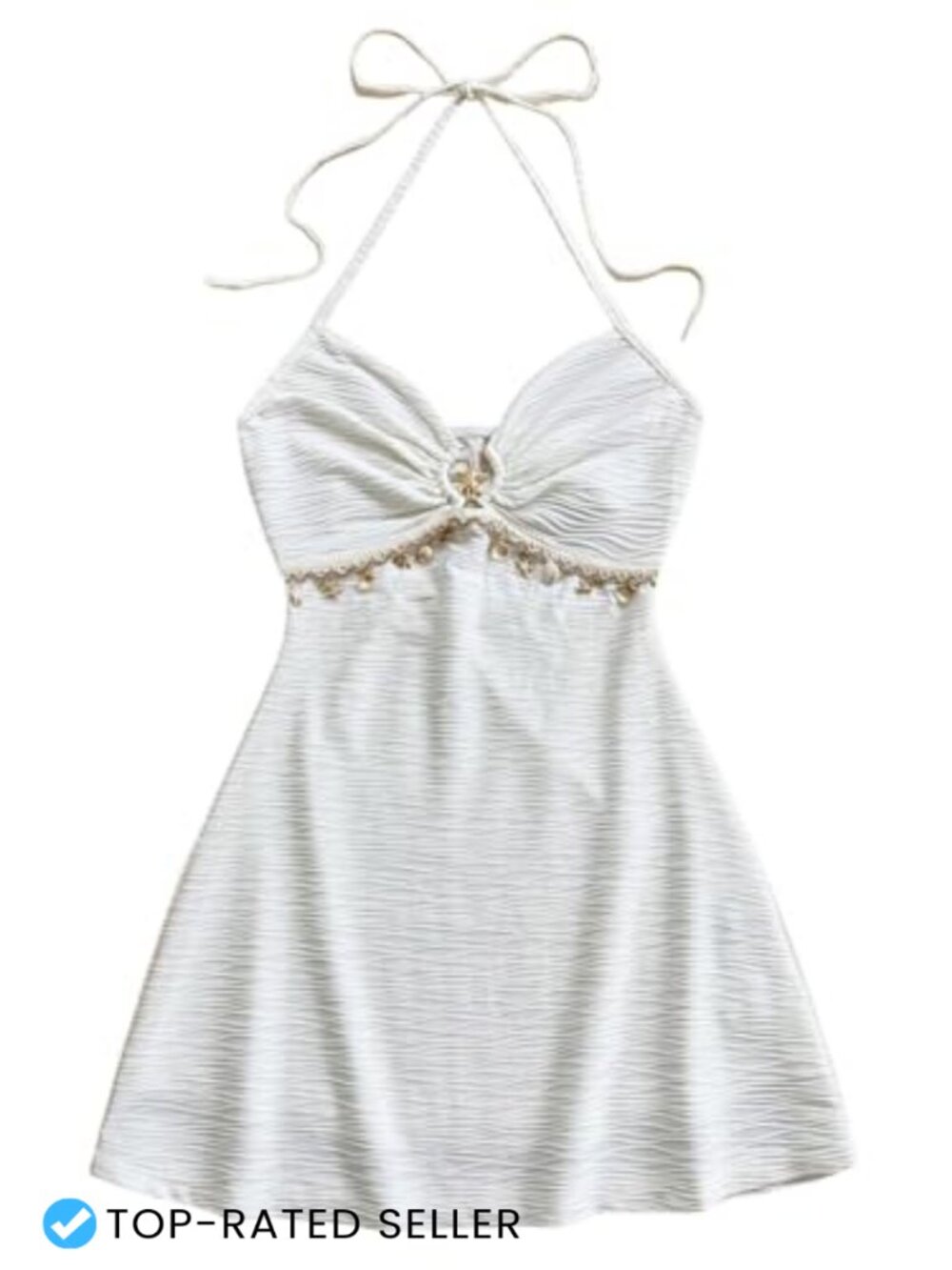 Textured Seashell Halter Mini Dress Tie Back Sleeveless A-Line Vacation